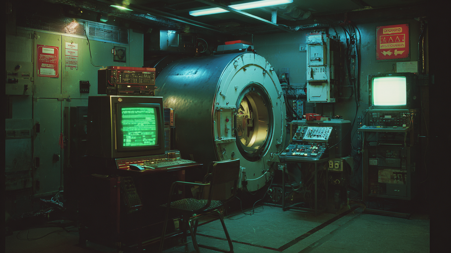 Dimly lit control room with a cylindrical centrifuge chamber flanked by vintage green-screen monitors and analog panels