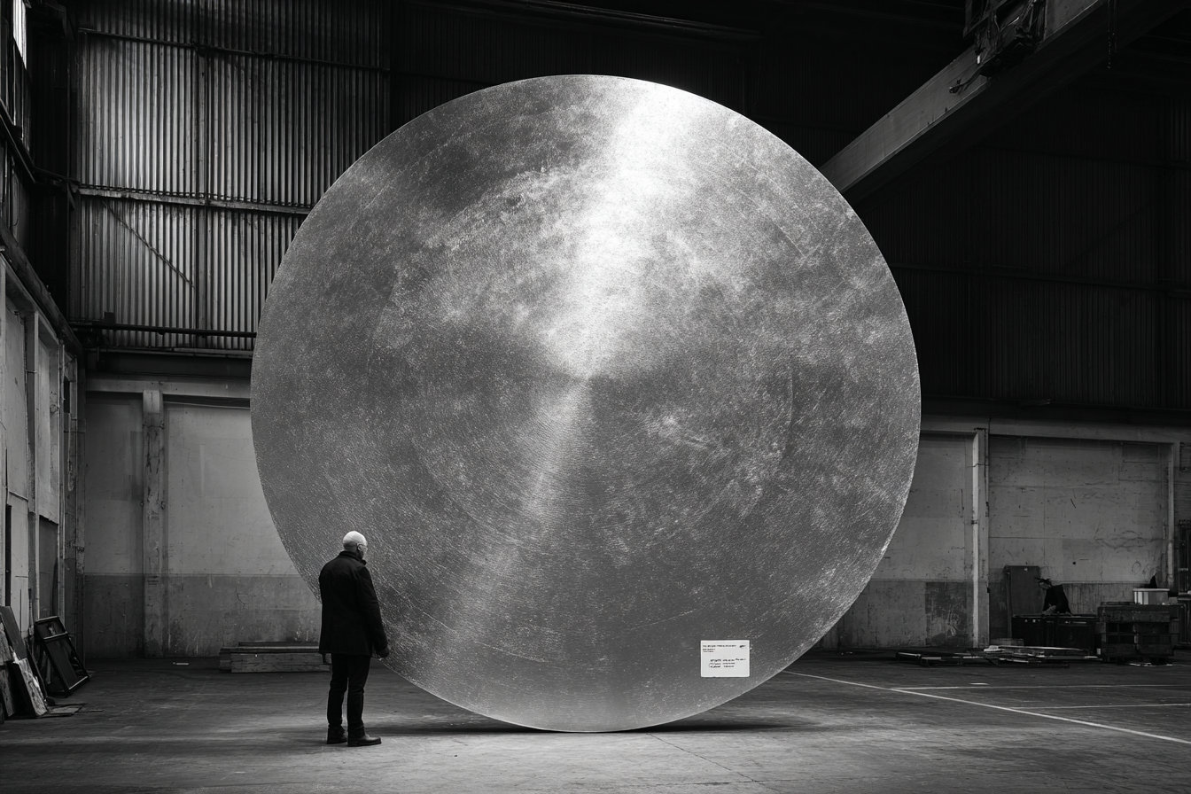 Person standing before an enormous circular metallic disc in a warehouse, the disc towering above their head