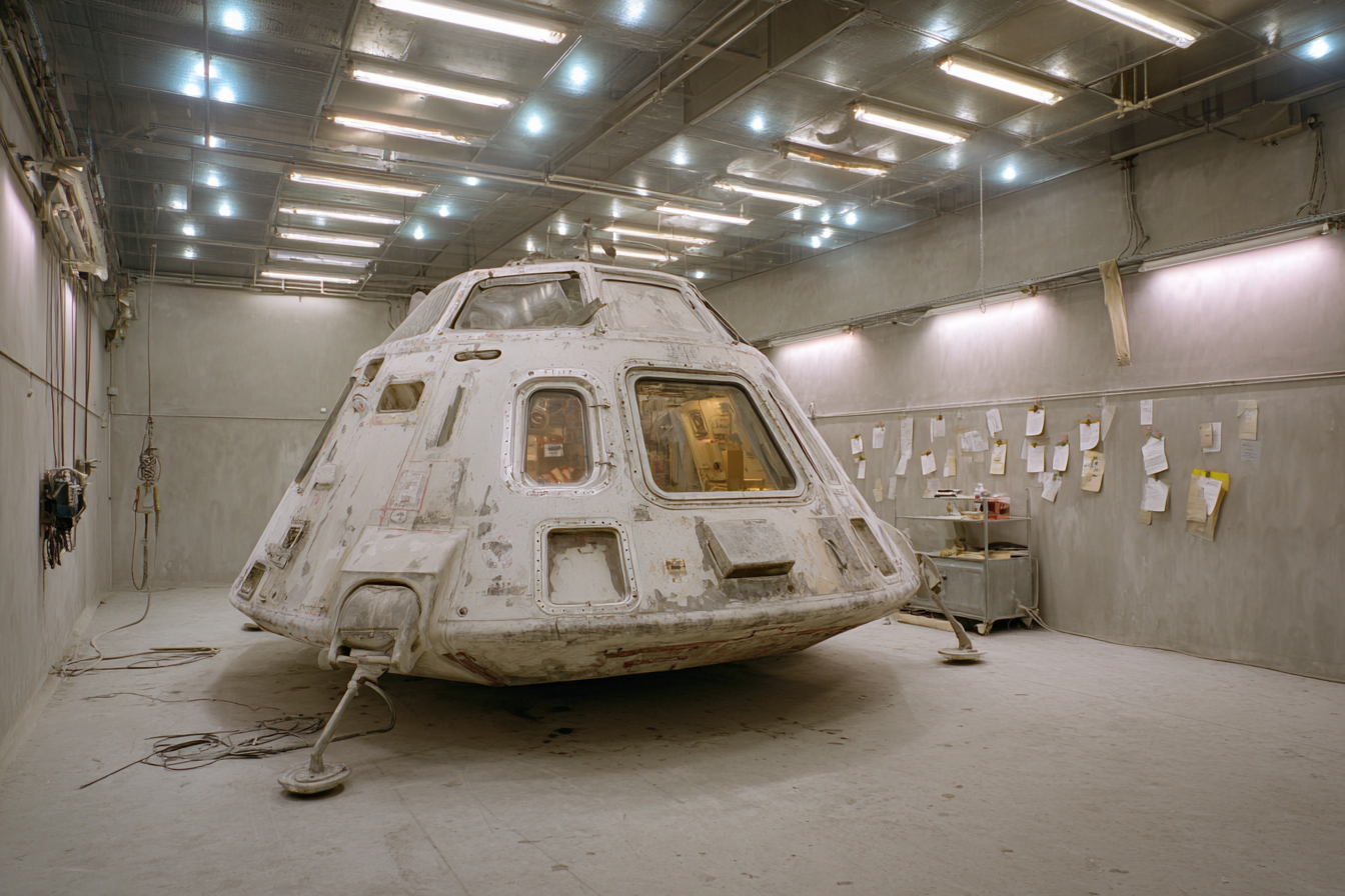 Weathered command module capsule on a concrete floor in a brightly lit industrial clean room
