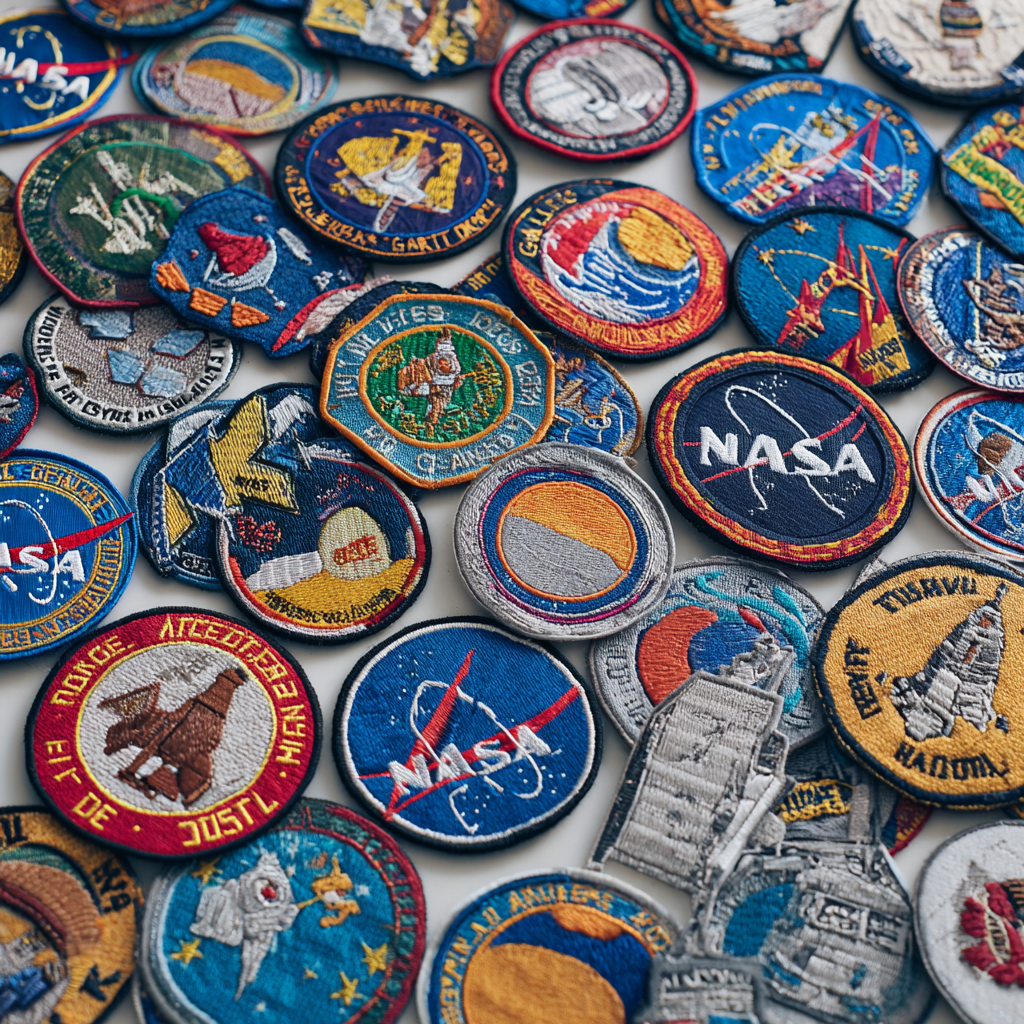 Overhead view of dozens of colorful embroidered NASA mission patches spread across a flat surface