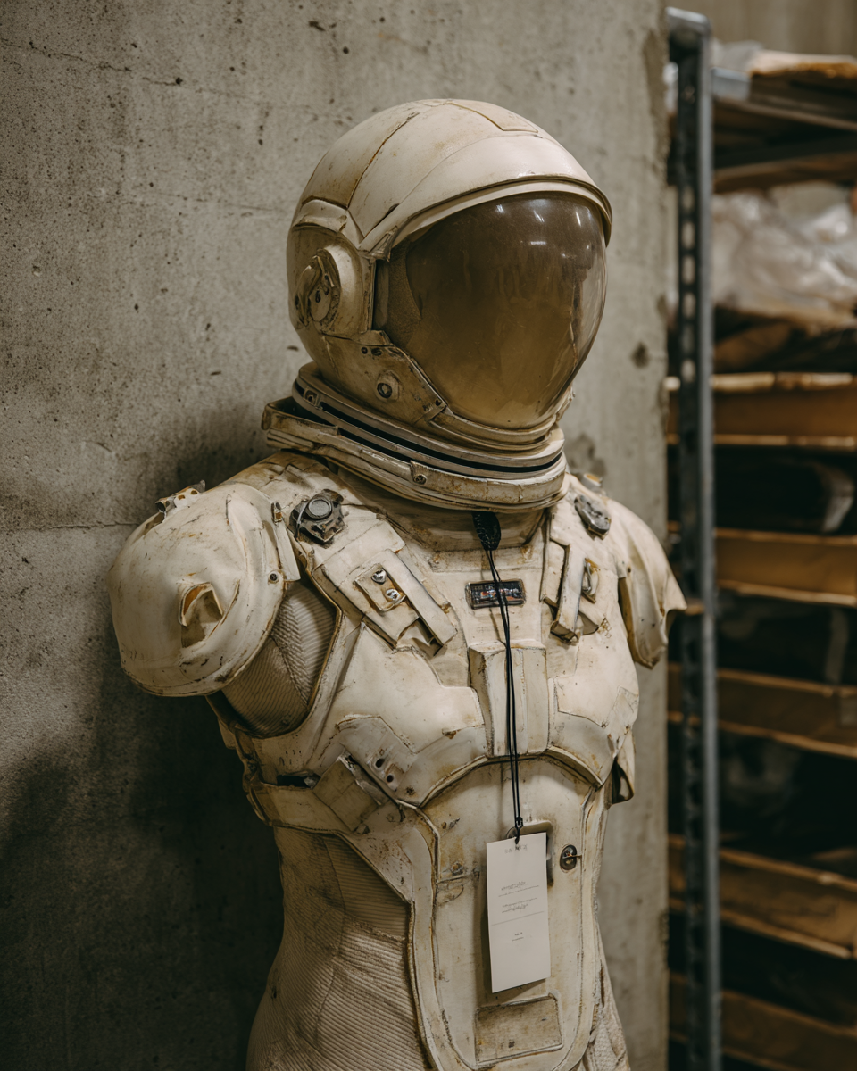 Upper torso of a yellowed vintage spacesuit with helmet and visor, a paper tag hanging from the chest